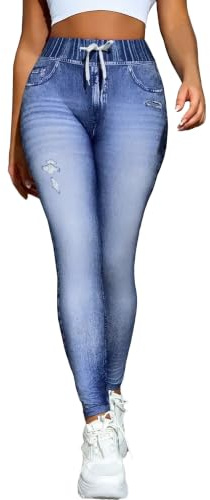 JEShifangjiusu Dam High Rise nödställda jeggings dragsko stretch denim look leggings för daglig streetwear