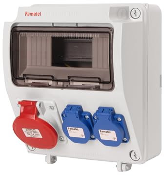 FAMATEL – Caja industrial IP44 | 4 tomas | 2P+TTL | 16A | 250V | Azul, Blanco