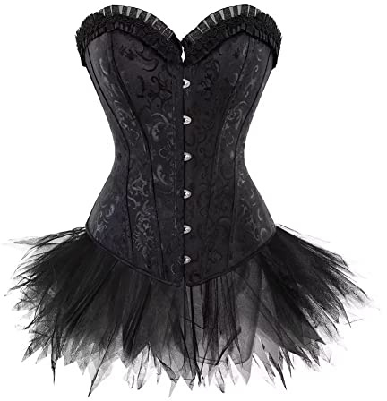 jutrisujo corsetto donna gonna abito set corset bustino sexy top pizzo corsetti gotica lingerie burlesque Halloween Nero S