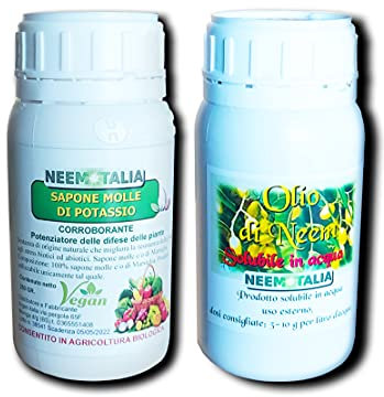 Neem Italia - Olio di Neem e Sapone Molle Potassico 250+250 ml, l’Olio Solubile Agisce Naturalmente contro Insetti e Funghi, il Sapone Molle di Potassio Potenzia le Proprietà del Trattamento