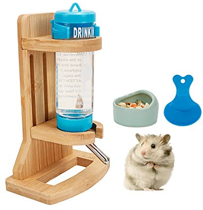 Hamster Trinkflasche mit Ständer, Einstellbar Holz Meerschweinchen Wasserspender Ständer Hamster Nippeltränke mit Basis inkl. Tränke aus Holz Nager Wasserflaschen Keramiknapf und Plastiklöffel (125ml)