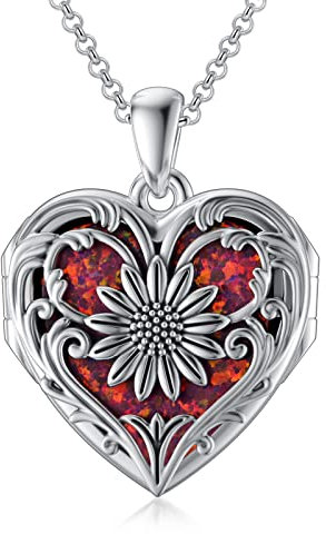 SOULMEET Collar de medallón de forma de corazón/redondo collar de plata de ley sostiene fotos foto personalizada collar colgante para mujeres niñas, Plata esterlina, Ópalo