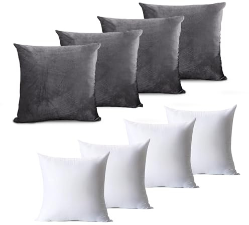 Hafaa Velvet Cushions with Covers Included Set of 8 (4 Charcoal Cushion Covers, 4 Cushion Inserts 45cm x 45cm) Luxury Decorative Fluffy Square Throw Pillow Case Sofa Cushion with Invisible Zipper
