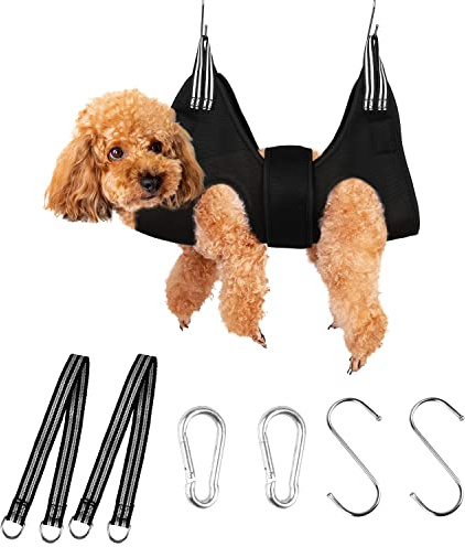 Lurowo Uppgraderad hängmatta för husdjurskötsel, hundskötselselesats med justerbart kardborreband, skötselkit för hund katt bad, grooming, nagelklippning, klovård (L, svart)