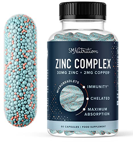 Zinc 30mg Microbeadlets with Copper | Highly Absorbable Zinc Bisglycinate & Orotate with 2mg Chelated Copper + Vitamin B6 | Vegan, Gluten-Free | Acne Support Supplements | 60 Capsules