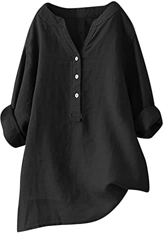 Camicia Donna Oversize Cotone e Lino Elegante Manica Lunga Blusa Bianca Estiva Taglie Forti Tinta Unita Maglietta Lunga Scollo a V T-Shirt Camicetta Tops