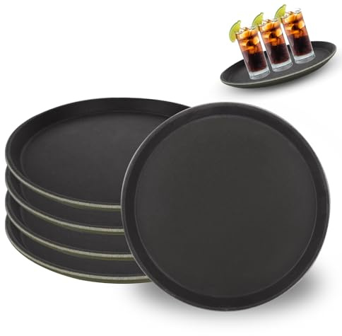 YOUNTHYE 5PCS Round Non Slip Tray, 28cm/11 inch Non Slip Bar Serving Tray, Rubberized Drinks Trays for Restaurants, Bars, Parties, Gatherings, Home