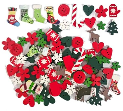 EODKSE Set de 50 Botones de Madera para Navidad, Ideales para decoración de Manualidades, Tarjetas, Scrapbooking y Adornos Variados, Mezcla Sorprendente y aleatoria para la Temporada navideña,