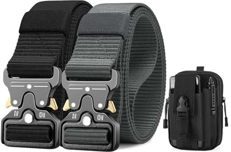 BESTKEE Taktiskt bälte för män, 3,5 cm kraftigt bälte, nylon militärbälte med snabbfrigörande metallspänne, gåva med taktisk Molle-ficka och krok, Svart+grått, For waist 46-50 (Length 57)