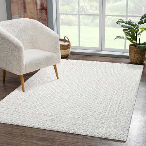carpet city Teppich Wohnzimmer Hochflor Creme - 160x230 cm - Hochtief-Muster, 3D-Effekt Bordüre - Bettvorleger Schlafzimmer Teppiche Boho, Skandi