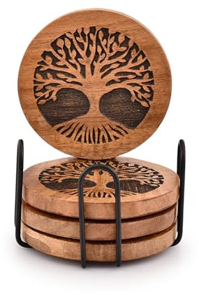 Kimona Coasters Set of 4 Handmade Round Wooden Tree of Life Coasters for Drinks with Iron Holder for Any Table Type for Bar Kitchen Home Apartment (10.16cm x 10.16cm x 1.27cm)