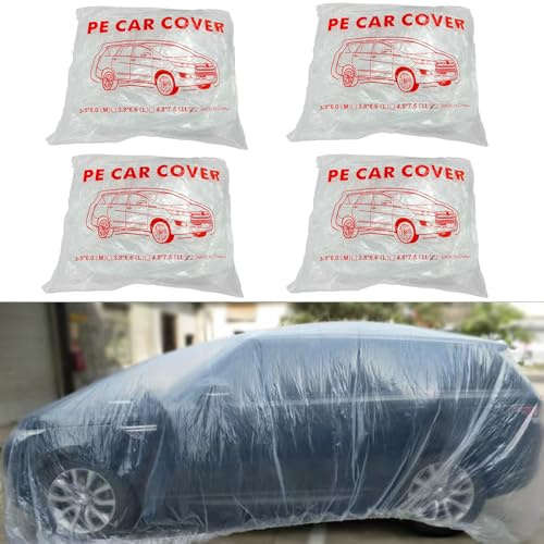 Bocarmo 4 Packs Disposable Car Cover Clear Plastic Car Cover Universal Rain Dust Garage Cover with Elastic Band Medium (15.7FT x 24.6FT)