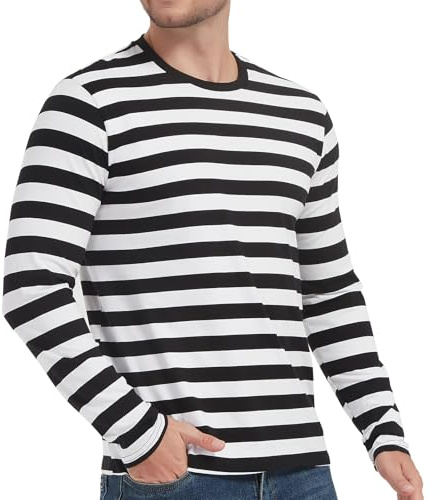 LEDING Mens Shirts Striped Cotton Spandex Crewneck Long Sleeve Black White Soft Elastic Cotton Basic Stripe tee Shirt