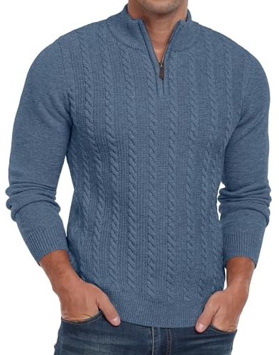 Hisir Mens Quarter Zip Jumper Cable Knit Crew-Neck Sweater Long Sleeve Jumpers Causal Pullover Winter for Men (Blue, L)