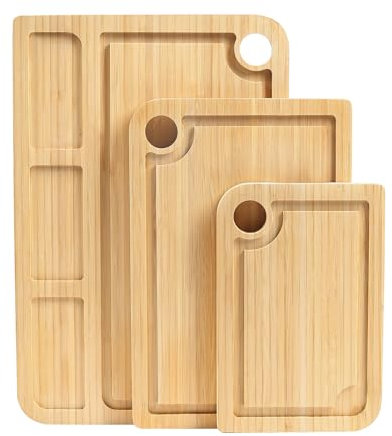 comfoyar Tabla de Cortar de Bambú Juego de 3, Tabla Cortar Cocina con Compartimentos y Ranuras para Zumo, Tablas para Corte Madera Profesional con Mango Fácil Agarre para Carne Verduras Quesos Pan