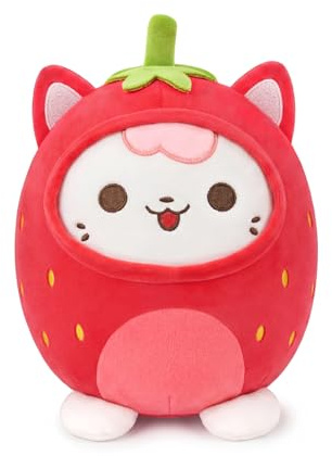 shownicer Fraise Peluche Chat Stuffed Animal 20cm Strawberry Cat Coussin Rond Doudou en Peluche Kawaii pour Enfants Adultes