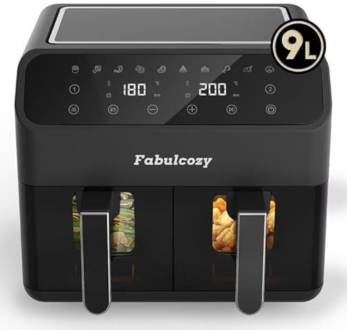 Fabulcozy Friteuse Sans Huile Dual Zone 9L Air Fryer avec 10 Programmes Grande Fenêtre Friteuse à Air XXL avec Double Panier, Airfryer Écran Tactile LED