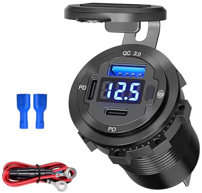 5-i-1 USB-uttag 12 V USB C billaddare uttag med på/av-brytare LED voltmeter dubbel PD & USB-port för husbil bil båt marin fordon