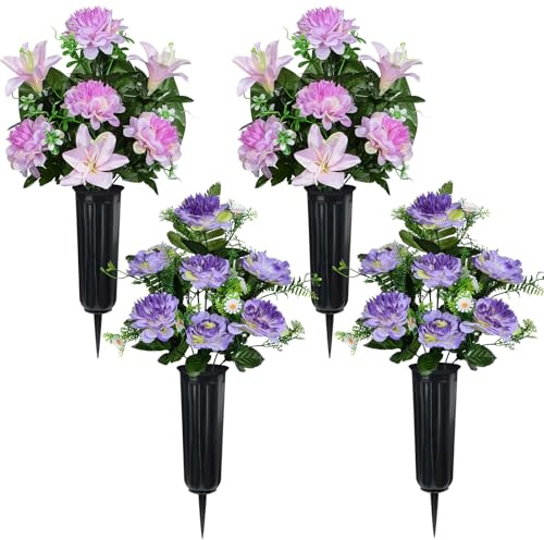 LaLamona Set of 4 Artificial Cemetery Flowers, Memorial Flowers Graveside Decoration with Vase for Mother's Day Memorial Day Arrangements (Purple, 7Heads)
