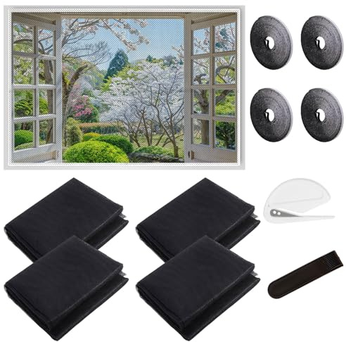 Fliegengitter Fenster, 4 Stück Moskitonetz Fenster 150 x 200cm Insektenschutz Fenster mit 4 Rollen Selbstklebend, Mückenschutz Fenster Für Alle Fenster, Kein Bohren Erforderlich