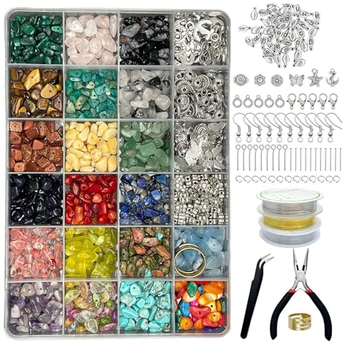 24 färger smyckestillverkning set 1073 naturlig form ädelsten pärlor med hål, 5-7 mm stenpärlor för gör-det-själv-smycken, armband, halsband och örhängen hantverk, naturstenspärlor set för barn