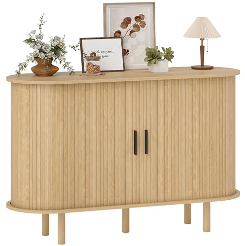 HOMCOM Aparador con Puertas Tambour Deslizantes, Aparador para Salón Moderno, con 4 Compartimentos y Patas de Madera, para Cocina, Entrada, Dormitorio, Roble, 120x40x78 cm