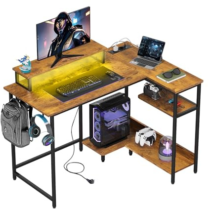 DEVAISE Bureau d'angle en L 110 x 80 cm avec Prises, LED et Étagères de Rangement, Table pour Gaming, Bureau et Télétravail, Marron