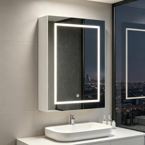 Julyue Intelligent spegelskåp 50 cm med imborttagningsfunktion (imskydd), 3 färger LED-belysning och justerbara glasgolv, badrumsspegel (Vit, 50, Centimeter, 70, Centimeter)