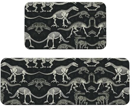 Dinosaur Skeleton Print Kitchen Rugs Set of 2, Cushioned Anti-Fatigue Kitchen Mats for Floor, Waterproof Comfort Standing Mat Absorbent Velvet Kitchen Runner Rugs 17x30+17x47