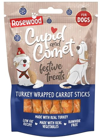 Rosewood Festive Turkey Wrapped Carrot Twists, Rawhide-Free Dog Treats, 100g Resealable Pouch