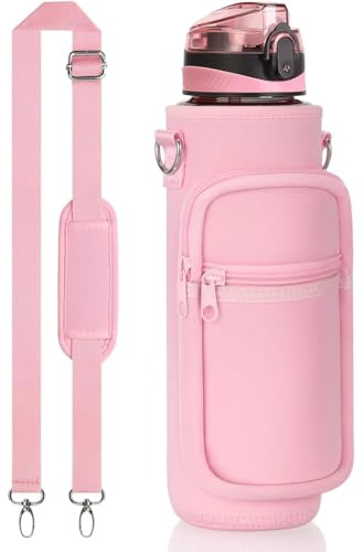 Fimibuke 32 oz Water Bottle with Sleeve, BPA Free Leakproof Sport Large 1L Plastic Motivational Water Bottle with Straw & Strap & Insulated Neoprene Holder Carrier Bag for Women Men, A2.Baby Pink