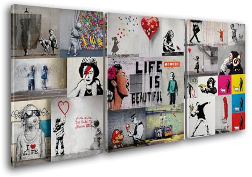 Giallobus - Große Gemälde im XXL-Format - Banksy - Street Art - Collage 1 - Leinwand - 218x100cm | 3pcs. x 70x100cm - Moderne Gemälde für zu Hause