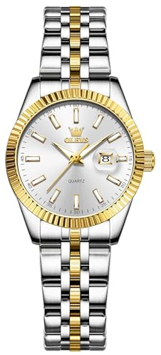 OLEVS Bicolor Uhren Damen Silber Gold Metallarmband Elegante Edelstahl Damenuhren Wasserdicht Klein Weiß Zifferblatt Armbanduhr Damen mit Datum Quarz Analog Damenarmbanduhr Leuchtende Geschenke
