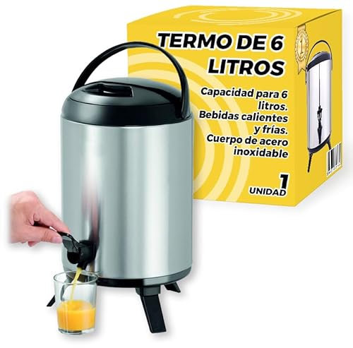 Termo Grande - Termo Contenedor 6L Portátil - Dispensador de Bebidas Térmico con Grifo - Dispensador Bebidas Frías/Calientes, Agua, Café - Para Catering, Hoteles, Eventos o Reuniones - Acero Inox