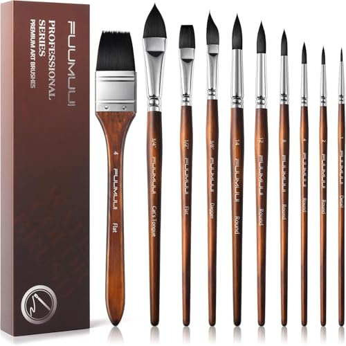 Fuumuui 10Pcs Watercolour Brushes, Professional Synthetic Squirrel Hair Brush Set Variety Shapes with Round Pointed, Wide Flat, Cat's Tongue, Dagger for Watercolour Acrylic Gouache Inks Painting