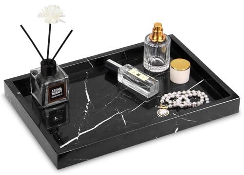 Bandeja Baño Bandeja Mármol Natural Rectangular Antideslizante Bandejas Decorativa para Cosmético, Salón, Dormitorio, Joyas, Velas, Jabón, Toalla (Negro y Blanco, 30 x 20 x 3 cm)
