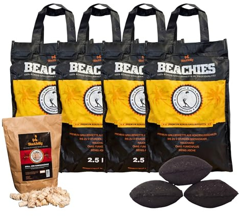 BlackSellig Beachies 10 kg (4 x 2,5 kg), mattonelle per barbecue in cocco – ciotole in puro cocco – qualità professionale – poco fumo, caldo e veloce | per barbecue corti + 800 g di lana di accensione