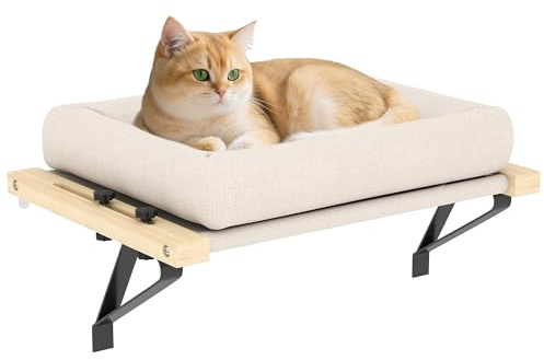 PawHut Cat Radiator Bed, Adjustable Hanging Cat Hammock with Solid Wood Frame, Removable and Machine Washable Cushion for Indoor Cats and Kittens, Cream White