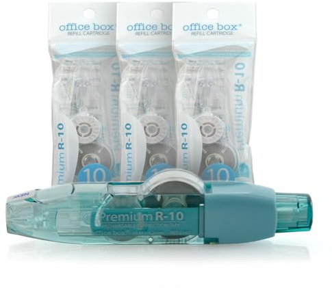 office box Corrector en Cinta Premium R10 Recargable – 10 m x 4,2 mm – Retráctil, Escritura Inmediata, Invisible en Fotocopias – Value Pack 1 Corrector + 3 Recambios = 40 m de cinta. (Pack 3 + Azul)