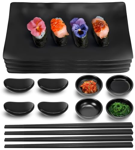 16 PCS Japanese Style Sushi Plate Set, Melamine Sushi Serving Set for Four, 4 Sushi Plates 4 Sauce Bowls 4 Pair of Chopsticks and 4 Chopstick Holders Sushi Dinner Dinnerware Set