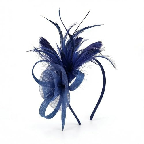 Vintage Navy Blue Fascinator,QIANSSE for Weddings Exquisite Lace Feather Hairpin Style Headpiece for Women's Garden Tea Parties or Bridal Occasions