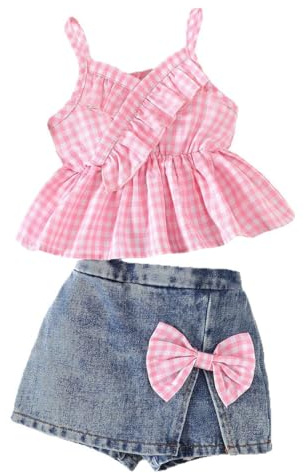 LUVCES Ensemble d'été pour Bébé Fille Sans Manches à Volants Débardeur+ Jupe-Short en Jean à Nœud Mignon 2 Pièces Bébés Vêtements Rose à carreaux 12-18 Mois