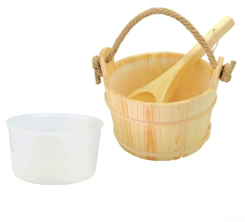 Set di secchio e mestolo per sauna: secchio in legno di abete rosso da 6 litri con rivestimento in plastica, manico in corda, paletta in legno per pietre calde, kit tradizionale finlandese
