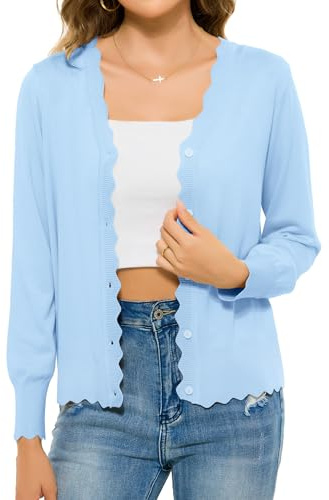 Lovasy Cardigan Bouton Femme Court Gilet Chic et Élégant à Manches Longues Veste Léger en Tricot Col V Ouverte Devant Pull Respirant Élégant,A-Bleu Clair,M