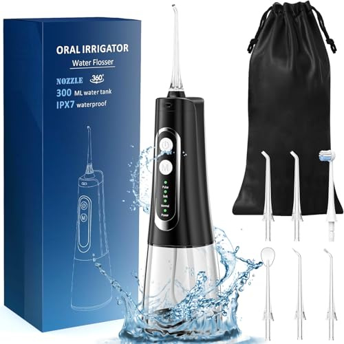 OHFAMO Portable Water Flosser Cordless Oral Irrigator - Dental Water Flosser with 4 Cleaning Modes 300ML Water Tank IPX7 Waterproof USB-C Rechargeable Teeth Cleaner for Braces Travel Home