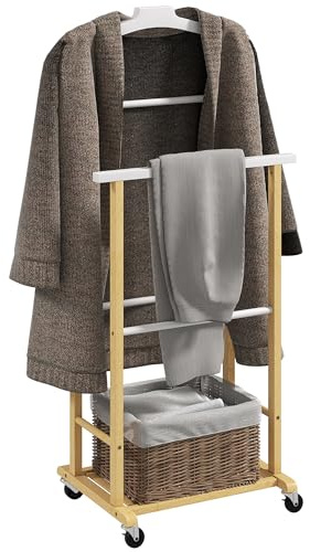HOMCOM Valet de chambre à roulettes Cintre Intégré Naturel et Blanc