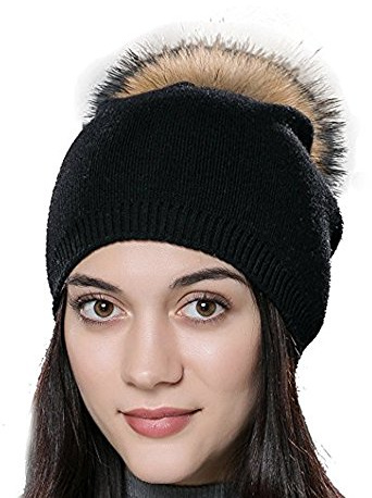 DUVERT Bonnet Femme Hiver/Tuques d'hiver/Bonnet Chapeau Femme Unisexe Laine tricoté avec Un Pompon de Vrai Raton Laveur Fourrure