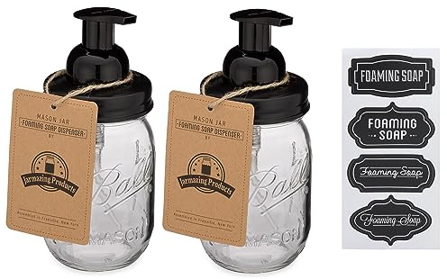 Jarmazing Products Mason Jar Foaming Soap Dispenser - Black - with 16 Ounce Ball Mason Jar - Two Pack!