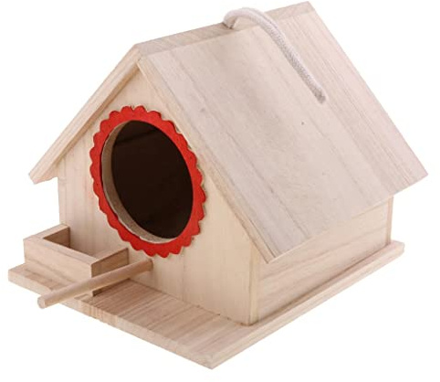 LOVIVER Casa para Pájaros de Madera con Percha y Cuerda Colgante, Exterior Jardín