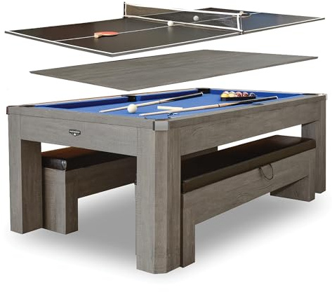Hathaway Newport 7 Foot Pool Table Combo – 3 in 1 Game Table with Reversable Table Tennis Top & Dining Top – Includes Game Accessories & Two Benches – Chrome Accents, Rustic Gray Finish, Blue Felt